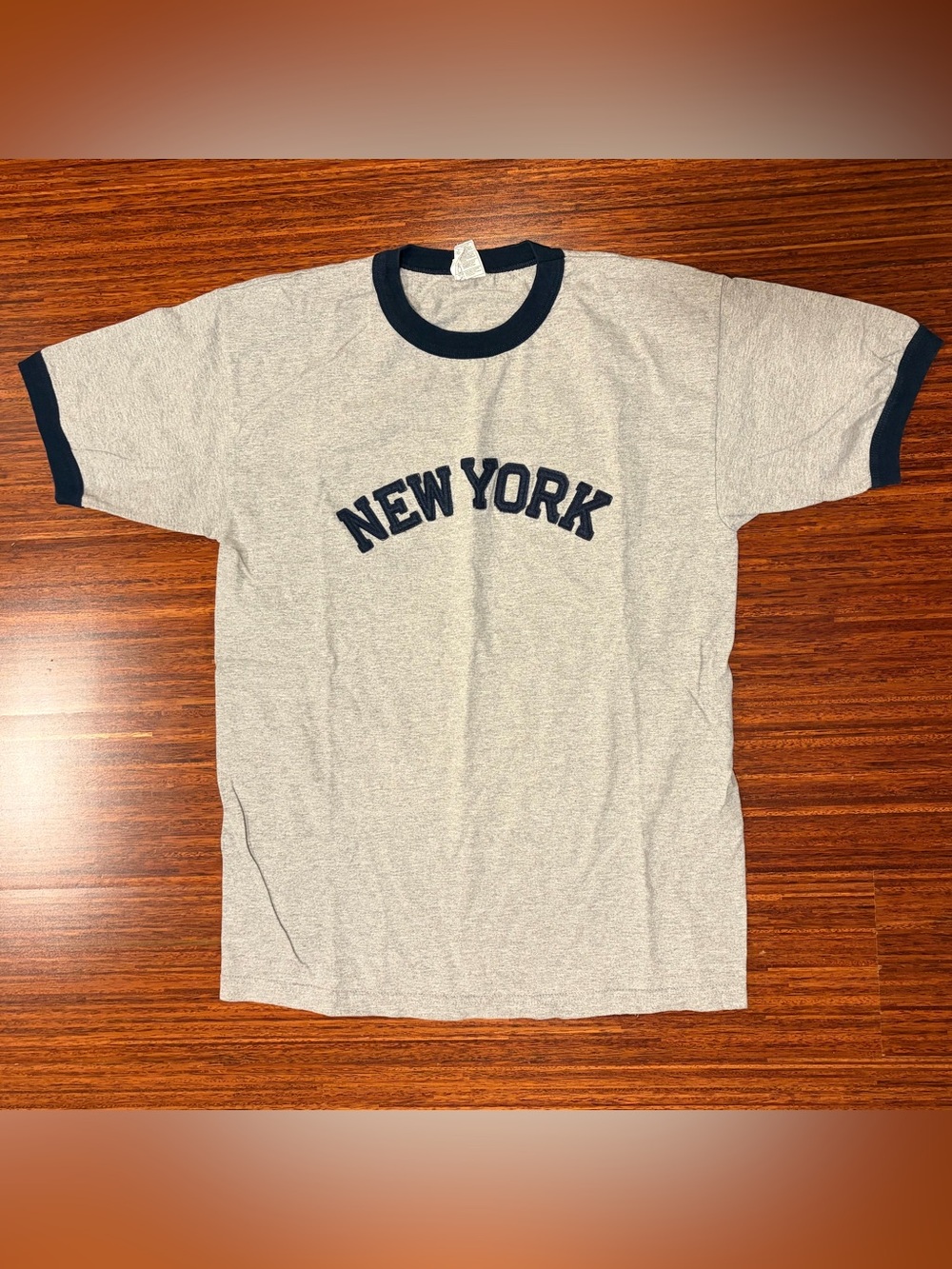 Vintage 90s Alstyle New York Ringer T Shirt Gray Navy Blue Size Large